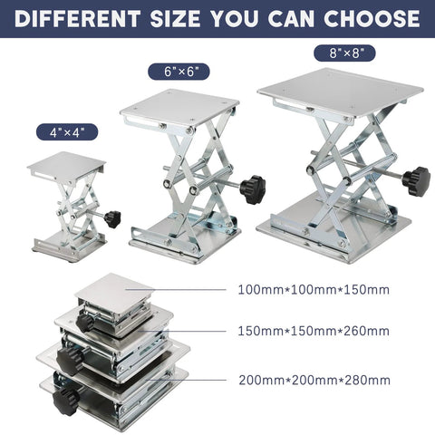 FLKQC stainless steel lift-table lab stand set of 3 with scissor lift and black hand wheels; top plates 4x4, 6x6, 8x8 in.