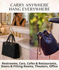 Gold Finish 22K Purse Hook For Table, Heart Shaped Portable Handbag Holder in use with a purse at a cafe and restroom counter.