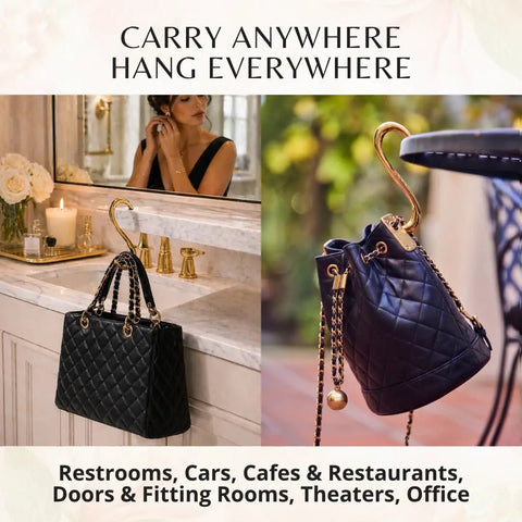 Gold Finish 22K Purse Hook For Table, Heart Shaped Portable Handbag Holder in use with a purse at a cafe and restroom counter.