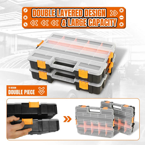 Kickass Workhorse Two Pack Tool Box Organizers Featuring Crystal Clear Lids And Seventeen Custom Slide Apart Compartments For Screws Bolts Nails Hardware Fishing Tackle And Shop Projects Vibrant Orange Finish