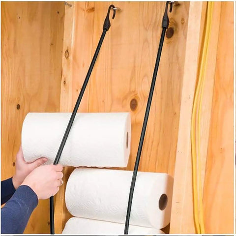 Person using 32 Inch Heavy Duty Bungee Cords With Hooks 8mm Elastic Rope For Outdoor Camping Tarp Tie Down Kayak Cargo Securing UV Resistant Stretch Rope S Hooks Durable to hang paper towels in a wooden structure.