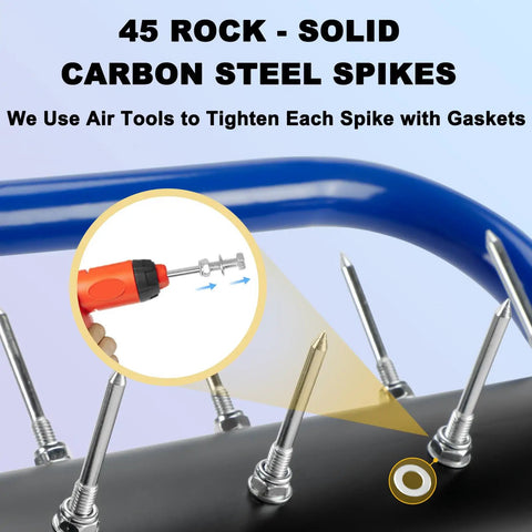 Close-up of rolling lawn aerator with 45 rock-solid carbon steel spikes and blue finish, showcasing spike tightening process.