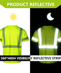 Men High Visibility Safety Tee Featuring Heat Bonded Reflective Strips Short Sleeve Work Shirt Lightweight Breathable Polyester With Chest Pocket Built Tough For Daily Grinds rear view showing reflective strips in bright light and dark.