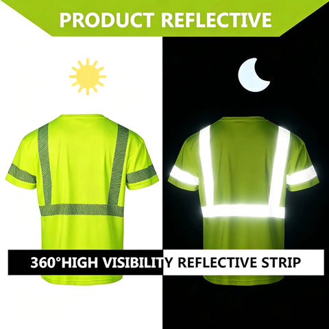 Men High Visibility Safety Tee Featuring Heat Bonded Reflective Strips Short Sleeve Work Shirt Lightweight Breathable Polyester With Chest Pocket Built Tough For Daily Grinds rear view showing reflective strips in bright light and dark.