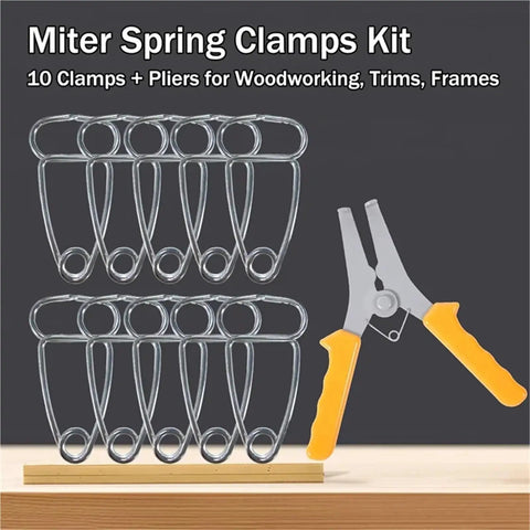 Premium Woodworking Miter Clamps Pliers Kit With Ten Durable Spring Clamps And One Adjustable Plier For Precision Cutting Secure Joints And Pro Level Finish On All Your Diy Projects Today, 10 metal clamps and plier