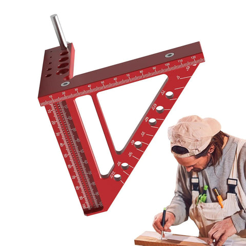 Pro Grade Aluminum Multi Angle Scribing Ruler For Woodworking, Durable Carpenter Tool with precise angles and a person marking wood