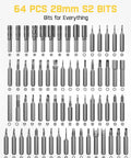 Electric Screwdriver Kit With 64 Magnetic Bits And 12 Precision Tools showing all 64 bits for electronics repair