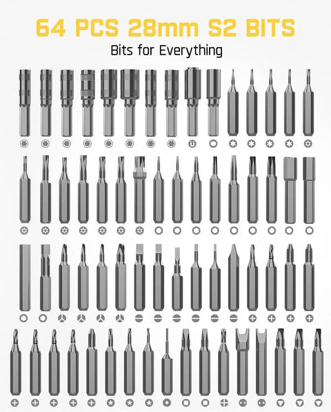 Electric Screwdriver Kit With 64 Magnetic Bits And 12 Precision Tools showing all 64 bits for electronics repair