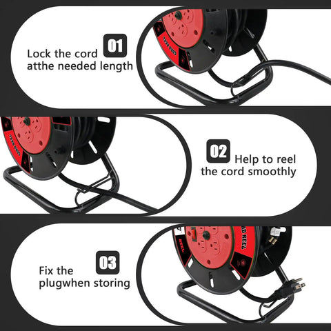 Portable Extension Cord Storage Reel On The Go With Four Grounded Outlets For 12/3 14/3 16/3 Power Cords usage steps