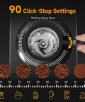 Commercial Grade 64mm Flat Burr Coffee Grinder Hella Precise With 90 Adjustments showing adjustable grind settings and coffee grounds.