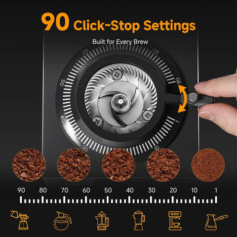 Commercial Grade 64mm Flat Burr Coffee Grinder Hella Precise With 90 Adjustments showing adjustable grind settings and coffee grounds.