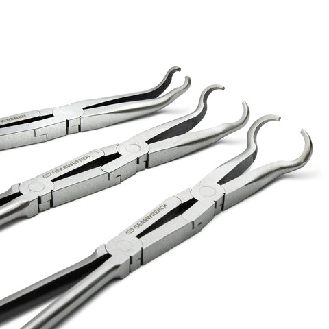 Close-up of Three Piece Double X Hose Grip Pliers Set For Tight Spots And Hard To Reach Hoses Beefy Heavy Duty Alloy