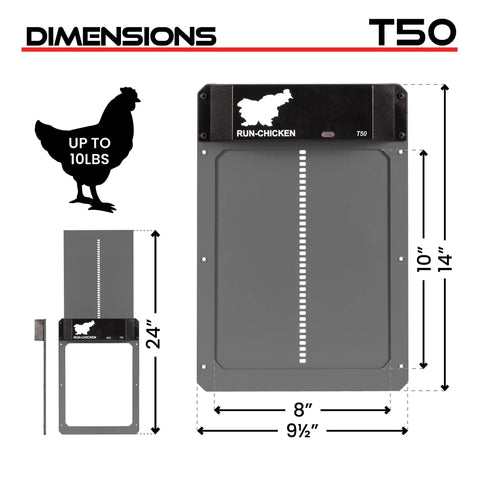 Dimensions of Automatic Chicken Coop Door Opener With Battery Power Weatherproof Aluminum Build Smart App And Timer Control.
