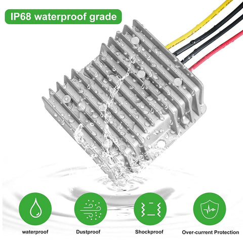 Rugged 12V Buck Converter Regulator Module From 18V To 60V Input Waterproof IP68 240W 20A Output fully submerged showing IP68 rating