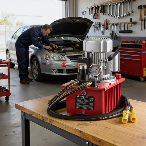 Beefed Up Electric Hydraulic Pump Power Pack 750W 120V 10000 PSI Max 8 LPM Flow Double Acting Unit in a mechanic shop