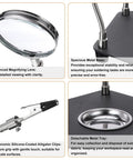 Soldering Helping Hands With 3X Magnifying Glass 4 Rotatable Alligator Clips Magnetic Base Stand Gooseneck Arms for PCB Electronics Repair and Assembly featuring magnifying lens, metal base, alligator clip, and detachable tray details.