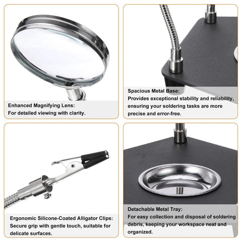 Soldering Helping Hands With 3X Magnifying Glass 4 Rotatable Alligator Clips Magnetic Base Stand Gooseneck Arms for PCB Electronics Repair and Assembly featuring magnifying lens, metal base, alligator clip, and detachable tray details.
