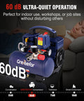 Small But Mighty 1 Gallon Ultra Quiet Oil Free Air Compressor With Plug And Play Setup showing 60 dB operation for quiet use.