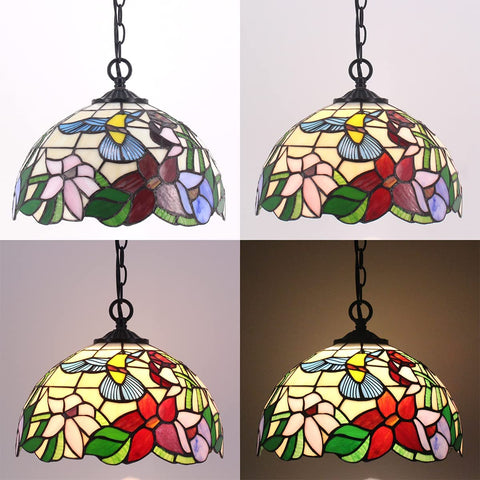 Tiffany Pendant Light Plug In Hummingbird Amber Stained Glass, 12 Inch Hanging Lamp From S101 Series, displayed in different lighting.