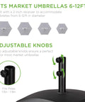 Diagram showing adjustable knobs of 123 Pound Fillable Mobile Umbrella Base With Four Wheels Two Locks And Two Tightening Knobs For Patio Deck Or Poolside Wind Resistant Design Beefy Heavy Duty Weatherproof Reservoir For Easy Refill And Stable Position Black fitting 6-12 ft umbrellas.