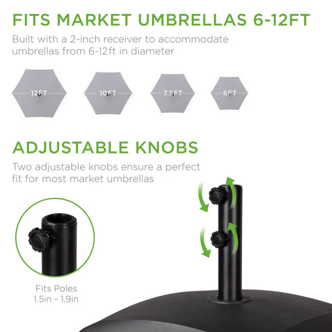 Diagram showing adjustable knobs of 123 Pound Fillable Mobile Umbrella Base With Four Wheels Two Locks And Two Tightening Knobs For Patio Deck Or Poolside Wind Resistant Design Beefy Heavy Duty Weatherproof Reservoir For Easy Refill And Stable Position Black fitting 6-12 ft umbrellas.