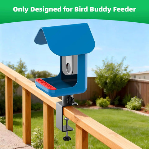 Heavy Duty Clamp-On Railing Mount For Bird Buddy Pro1 Pro2 Smart Feeder attached to wood deck rail outdoors.