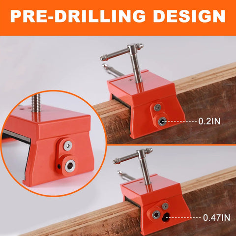 Pro Grade Cabinet Clamps With Built-In Drill Aligner, 2 Pack Face Frame Alignment Tool Set showing pre-drilling feature on wood.