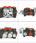 TINVHY 2-spool hydraulic directional control valve monoblock; black body with red port plugs, quad-view.