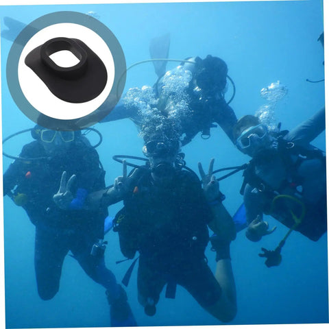 Scuba divers underwater with inset of Two Pack Diving Lip Protector Silicone Guard For Scuba Regulators No Frostbite Sting Protection Stay Comfy Underwater Lip Shield For Safe Breathing And Extended Dive Sessions