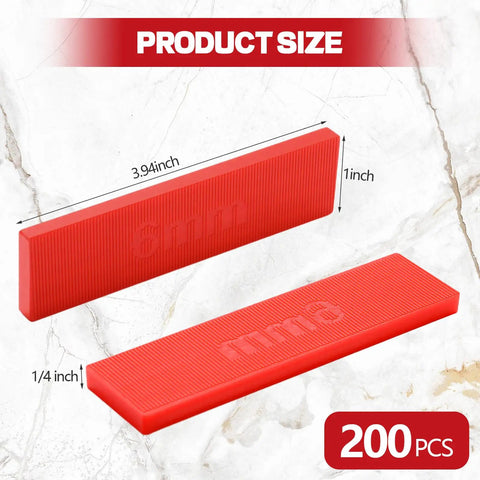 Professional Grade 200 Count Quarter Inch Thick Red Plastic Shims For No Sweat Tile Leveling And Reliable Door Window Gap Filling Designed To Keep Your Home Projects Looking Clean And Dead Nuts Straight Daily size comparison on marble background.