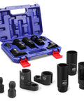 Open blue case displaying 7Pc O2 Oxygen Sensor Socket Set for Auto Repairs, Includes Three Eighth Inch and One Half Inch Drive Sockets, 22mm and 27mm Offsets, Thermal Sensor Socket, Thread Chaser, DIY Friendly Tool for Quick Removal of Oil Pressure Vacuum and Oxygen Sensors.