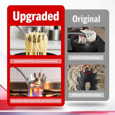 Comparison of 304 Stainless Steel Spaghetti Server With Teeth and traditional plastic server, highlighting durability and material.