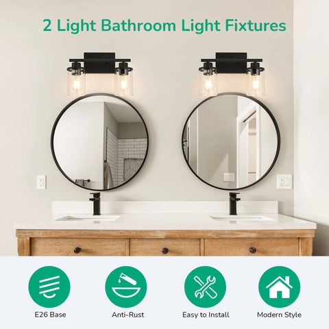 2-Light Matte Black Vanity Light Fixture With Clear Glass Shades, Vintage Wall Sconce Vibe For Bathroom, Bedroom, Living Room Or Hallway, E26 Base, Bulbs Not Included
