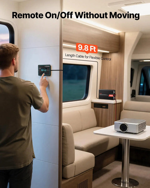 Man using remote control for 1500W Pure Sine Wave Power Inverter Transforms 12V Dc Into 120V Ac For Rv Trucks With Remote Control Usb Type C Fast Charge Ports Engineered To Crank Out Sweet Power On Long Rides.