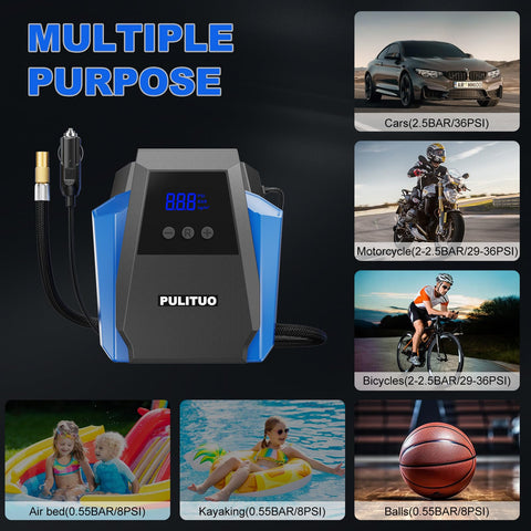 12V Car Tire Inflator Portable Air Compressor With Digital Pressure Gauge And Emergency LED Light displayed with use cases