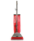 Hardcore Commercial Upright Bagged Vacuum Cleaner With Vibra Groomer Brush Roll front view, red fabric bag, stainless steel handle.