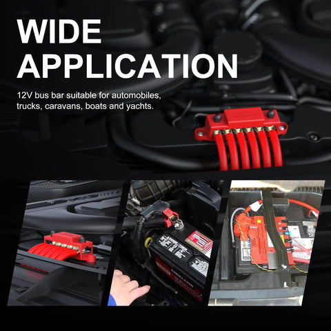 Built Like A Truck 275 Amp Heavy Duty Power Distribution Bus Bar With Six M8 Terminals For 12V Marine And Car Audio Battery Installations, mounted for easy connections.