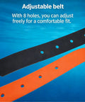 Black and orange adjustable weight belt with holes, designed for Adjustable Quick Dry Silicone Weight Belt For Scuba Freediving Snorkeling And Water Sports With Stainless Steel Buckle Durable Flexible Silicone For Steady Buoyancy And All Day Comfort.
