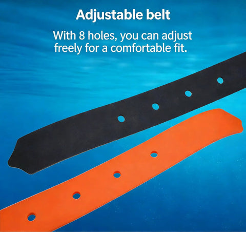 Black and orange adjustable weight belt with holes, designed for Adjustable Quick Dry Silicone Weight Belt For Scuba Freediving Snorkeling And Water Sports With Stainless Steel Buckle Durable Flexible Silicone For Steady Buoyancy And All Day Comfort.