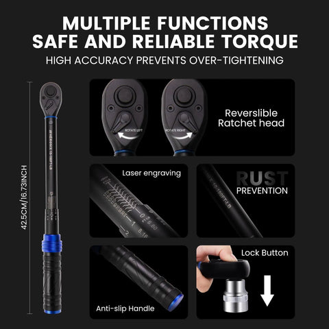 Half Inch Drive Click Torque Wrench With 10 To 180 Ft Lb Range, 72 Tooth Dual Direction Ratchet, features overview