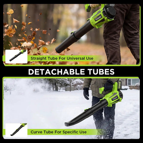 Powerful 580 CFM Cordless Leaf Blower with dual batteries and detachable tubes for versatile yard cleanup