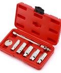 Three Eighth Inch Drive Spark Plug Socket Set With Extension Bar Six Point Universal Joint And Spark Plug Gapper Eight Piece Beefy Heavy Duty Chrome Vanadium Steel With Laser Etched Sizes open red case with sockets, extension, universal joint, and gapper