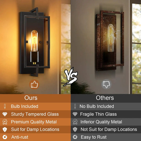 Comparison of Two Pack Rustic Wall Sconces Set For Bedroom Living Room Kitchen Hallway Bathroom Damp Rated Industrial Farmhouse Lighting With E26 Base Hardwired Bulbs Included and a competitor, showing bulb inclusion and material quality differences.
