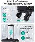 Close-up of 360° spinner wheels and handle of underseat carry-on luggage for air travel, 16 inch black softside case
