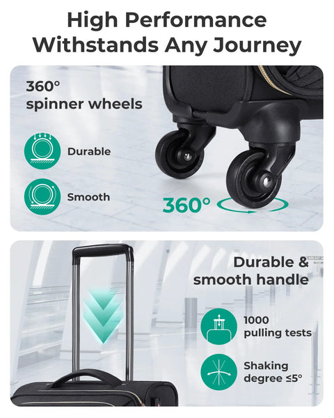 Close-up of 360° spinner wheels and handle of underseat carry-on luggage for air travel, 16 inch black softside case