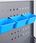 Heavy Duty Steel Workbench With Two Lockable Drawers And Pegboard Organizer For Garages Workshops And Machine Shops showing blue bins on pegboard.