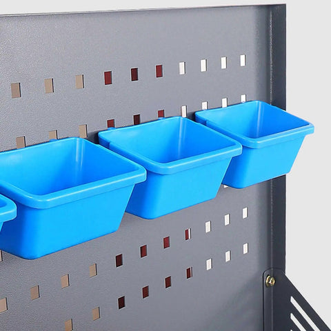 Heavy Duty Steel Workbench With Two Lockable Drawers And Pegboard Organizer For Garages Workshops And Machine Shops showing blue bins on pegboard.