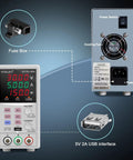 Variable DC Power Supply Pro Grade 0 To 50V 0 To 6A 150W Switching Regulated Benchtop Power Supply With Memory, front and back view