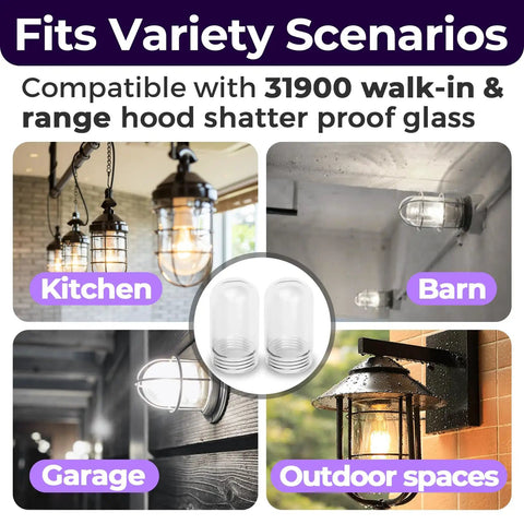2 Pack Shatterproof Light Bulb Covers Vapor Tight Ceiling Fixture Shields Compatible With 31900 Walk In Fridge And Kitchen Hoods shown in various settings.