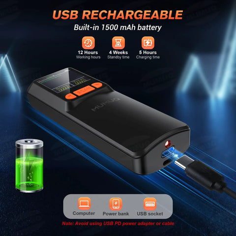 USB rechargeable device with built-in 1500 mAh battery, showing working hours, standby time, and charging indicator